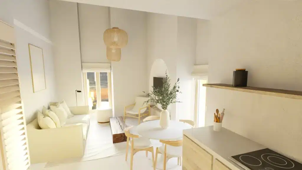 Visualisation 3D d'un design d'intérieur minimaliste pour une petite maison, mettant en valeur un espace de vie lumineux et épuré avec des meubles en bois clair.