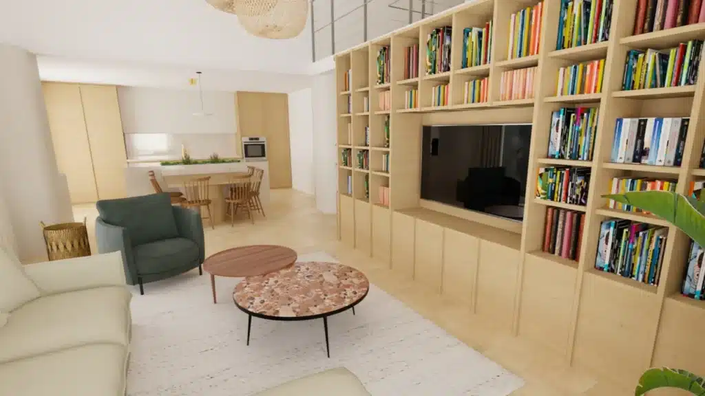 Conception d'intérieur avec une grande bibliothèque intégrée et un espace de vie ouvert, combinant des éléments modernes avec un style scandinave.